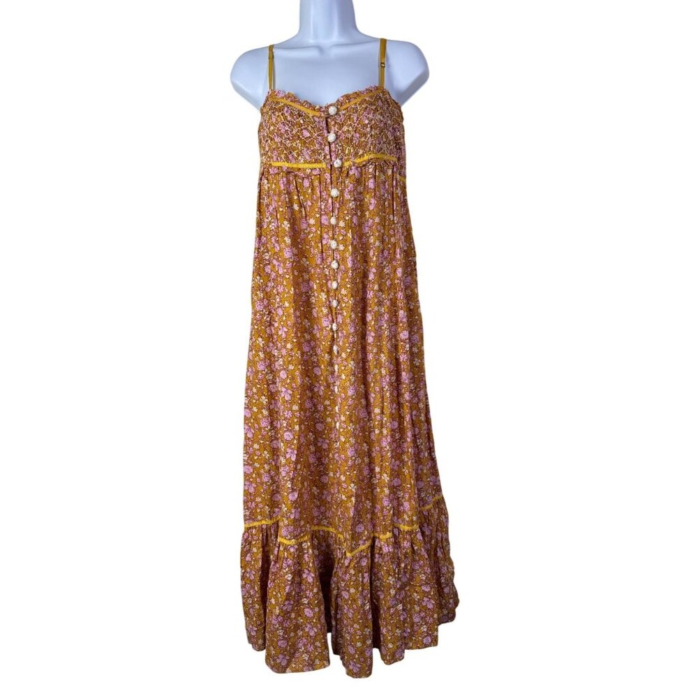 Free People Molly Jo Midi Maxi Dress Women Small Tiered Mustard Floral Smocked - Picture 3 of 16